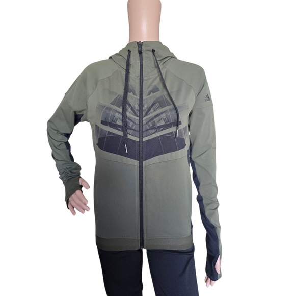 ADIDAS ClimaLite Women's Khaki Green Full Zip Hooded Running Jacket - Picture 2 of 16